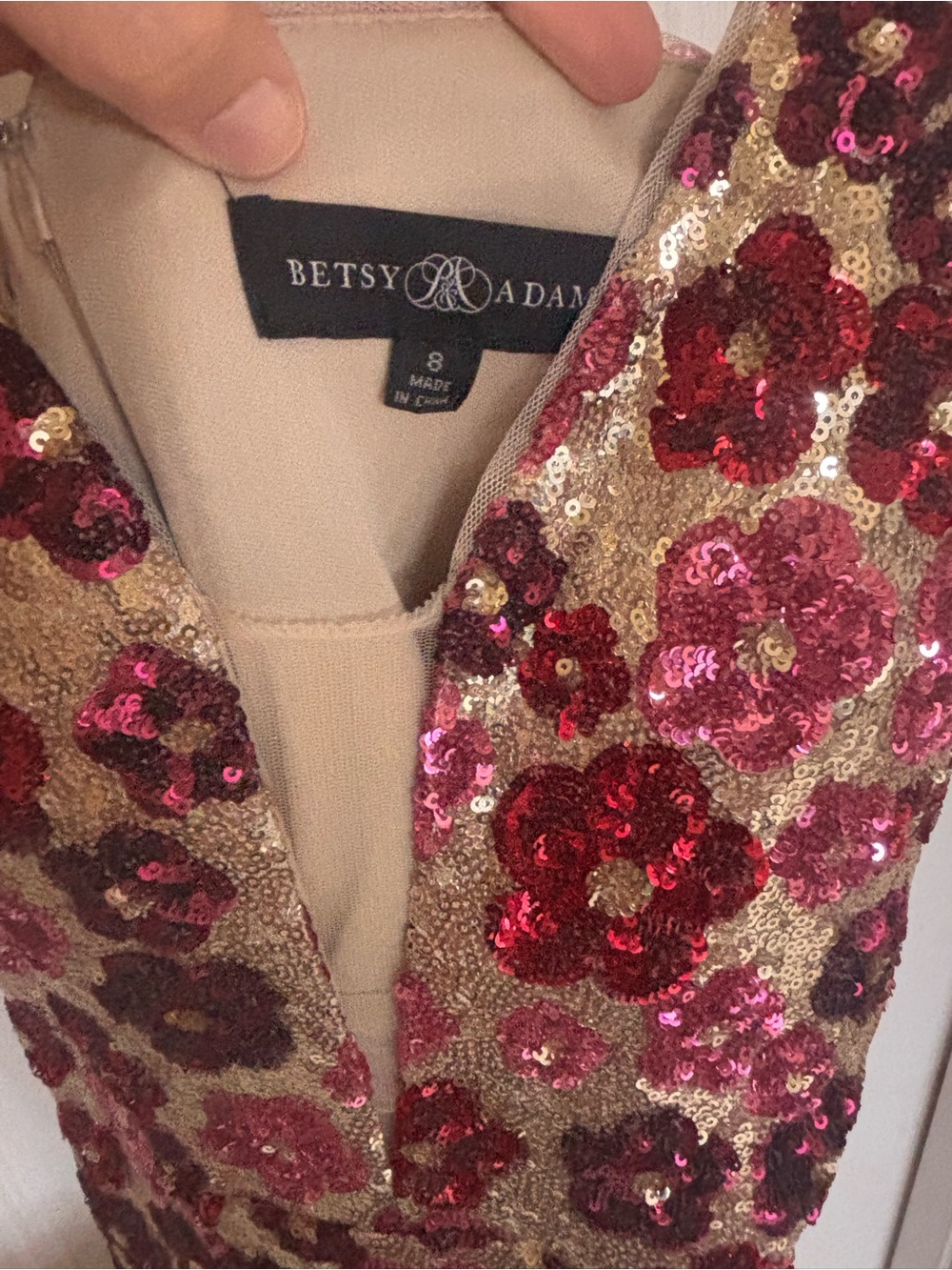 Betsy & Adam Gold Sequin Gown with Red and Pink Floral Sequins